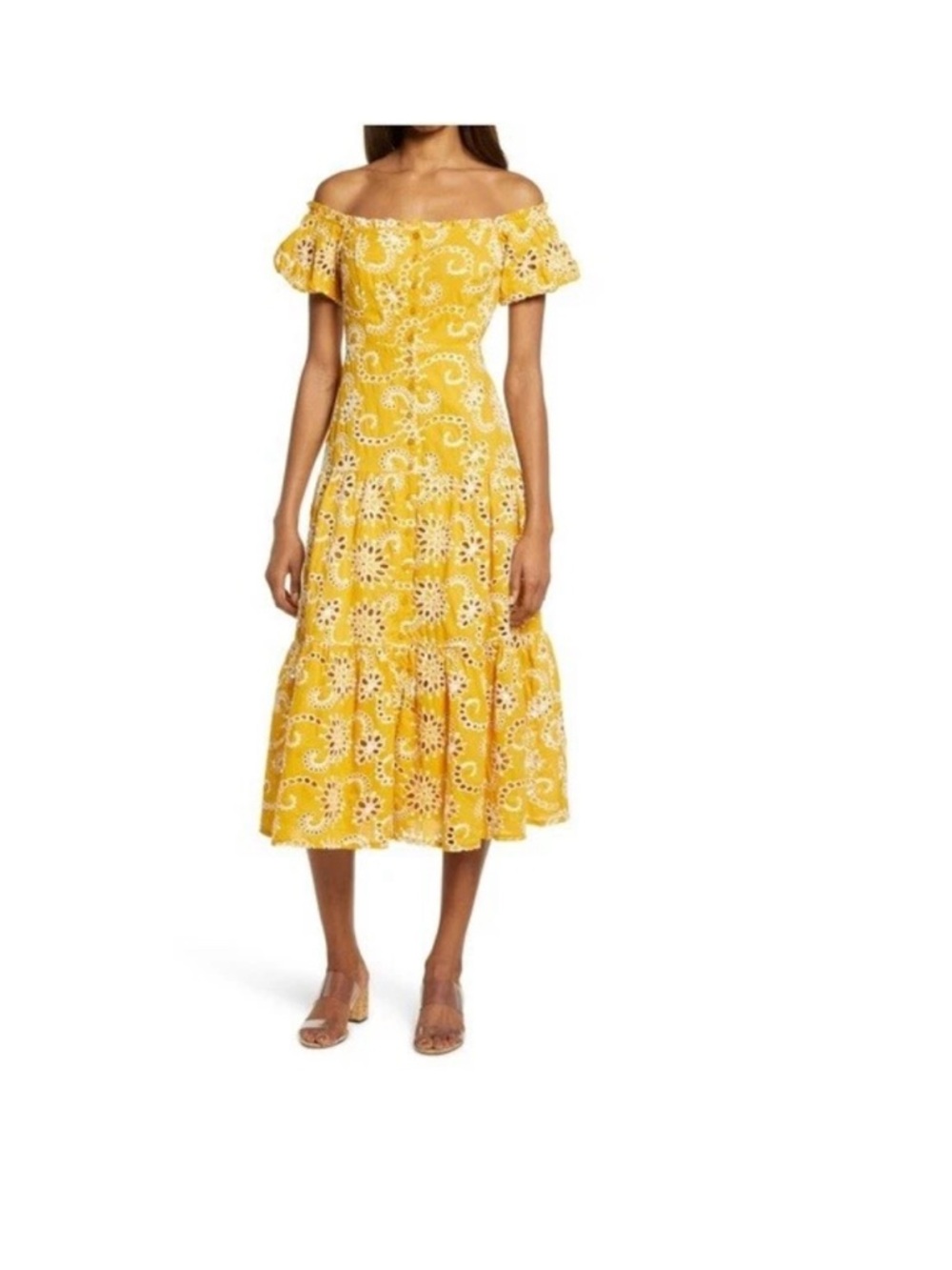 New Floret Studios Off-Shoulder eyelet Button Closure Yellow Floral Midi Dress S